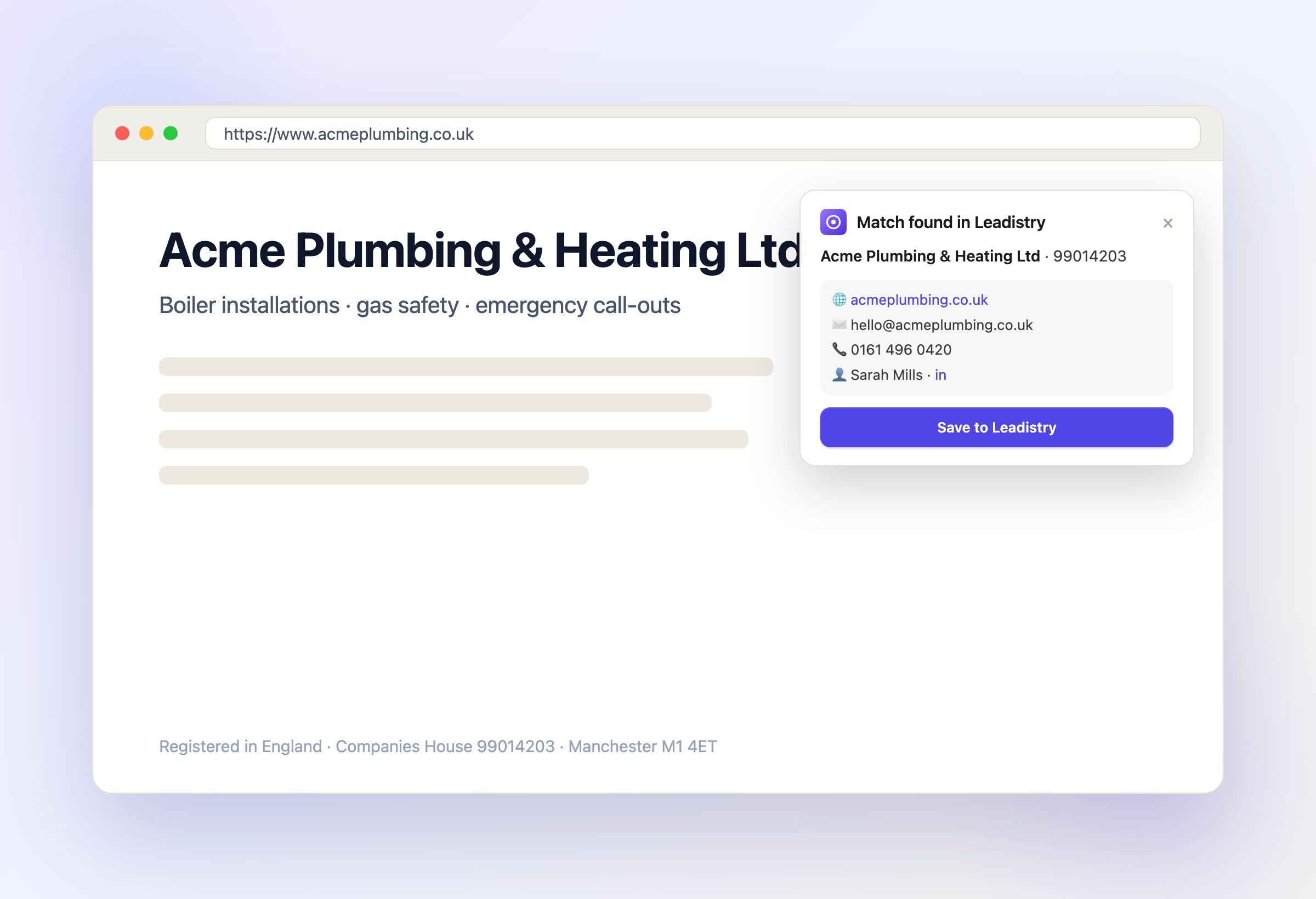 The Leadistry Chrome extension identifying a UK company as you browse, showing its verified website, email, phone and director.