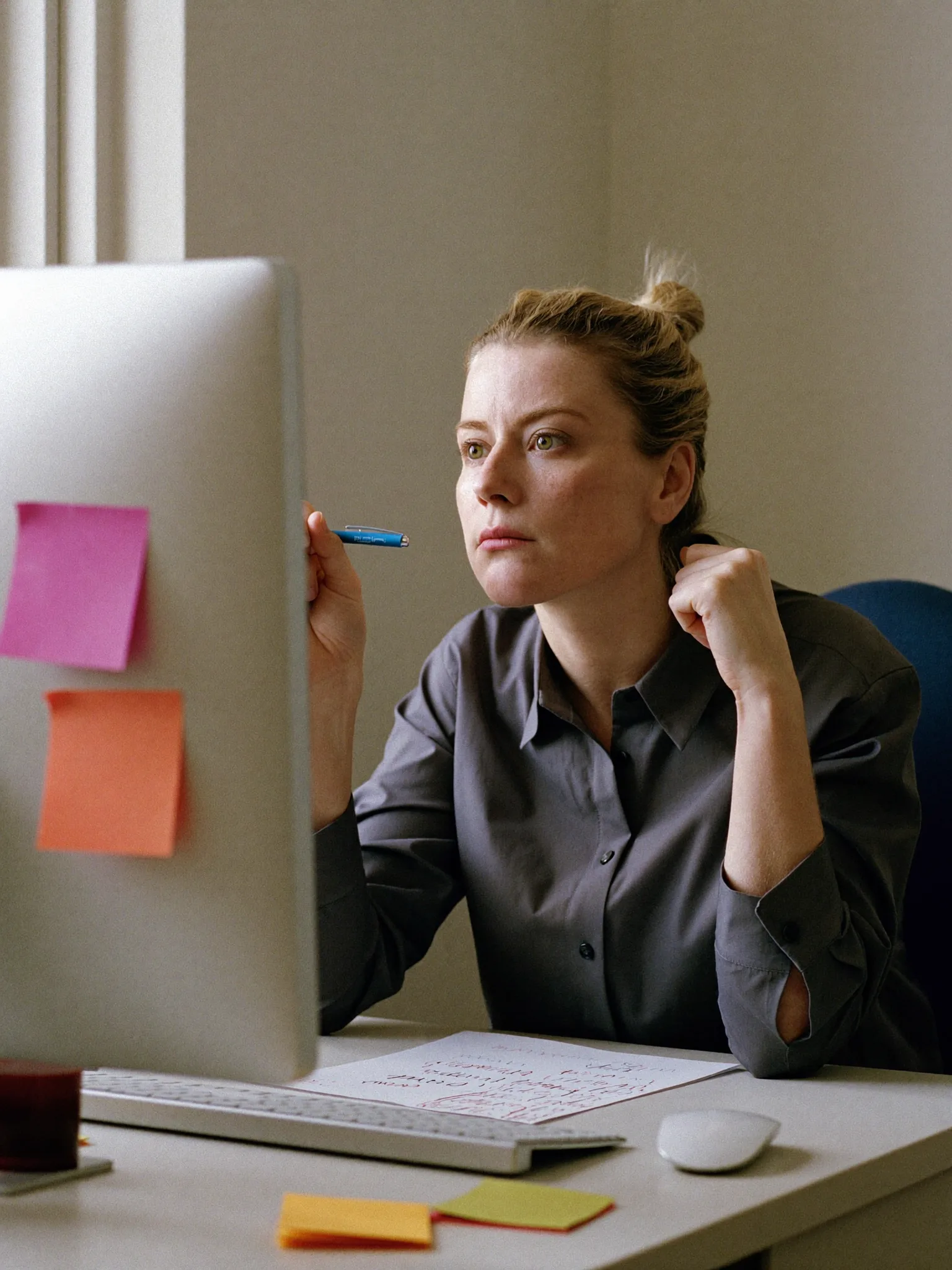 Focused work at a single monitor, sticky notes on the screen and desk
